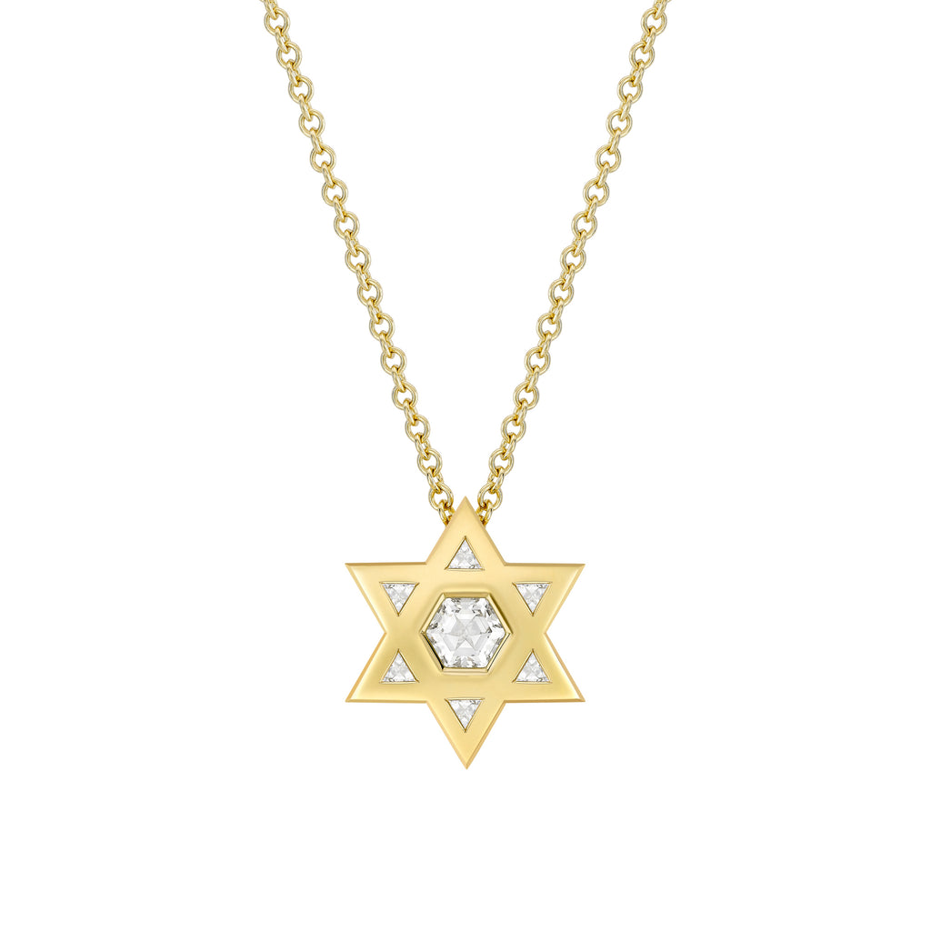 Magen David Pendant in 18 Karat Yellow Gold with White Diamonds.      