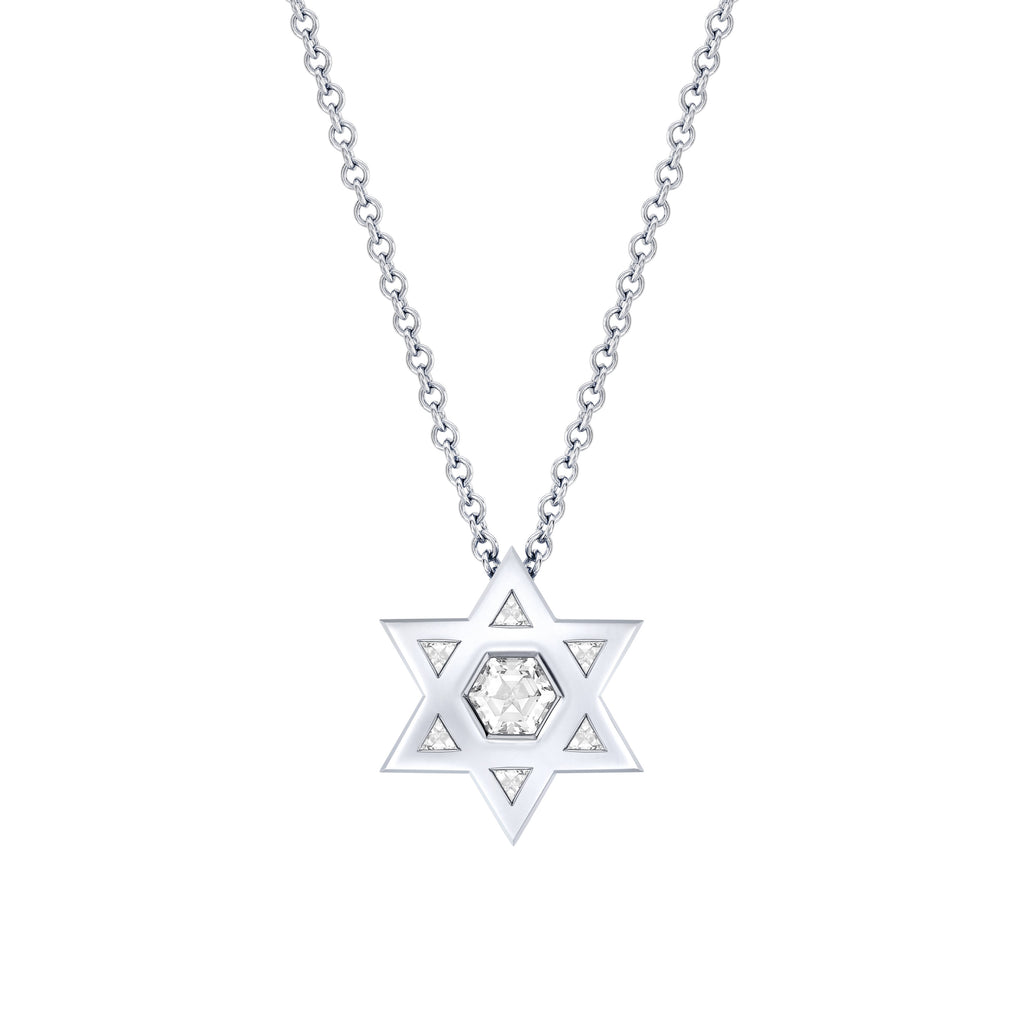 Magen David Pendant in 18 Karat White Gold with White Diamonds.        