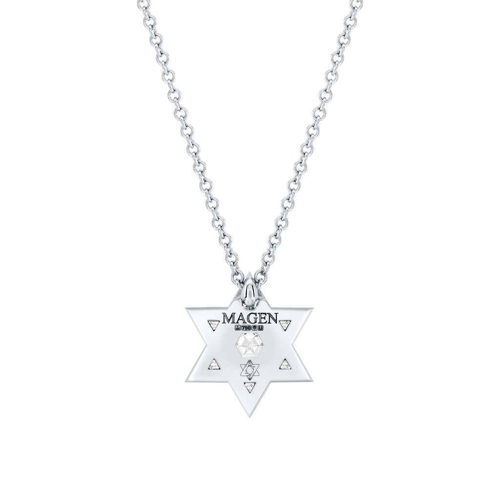 Magen David Pendant in 18 Karat White Gold with White Diamonds.        