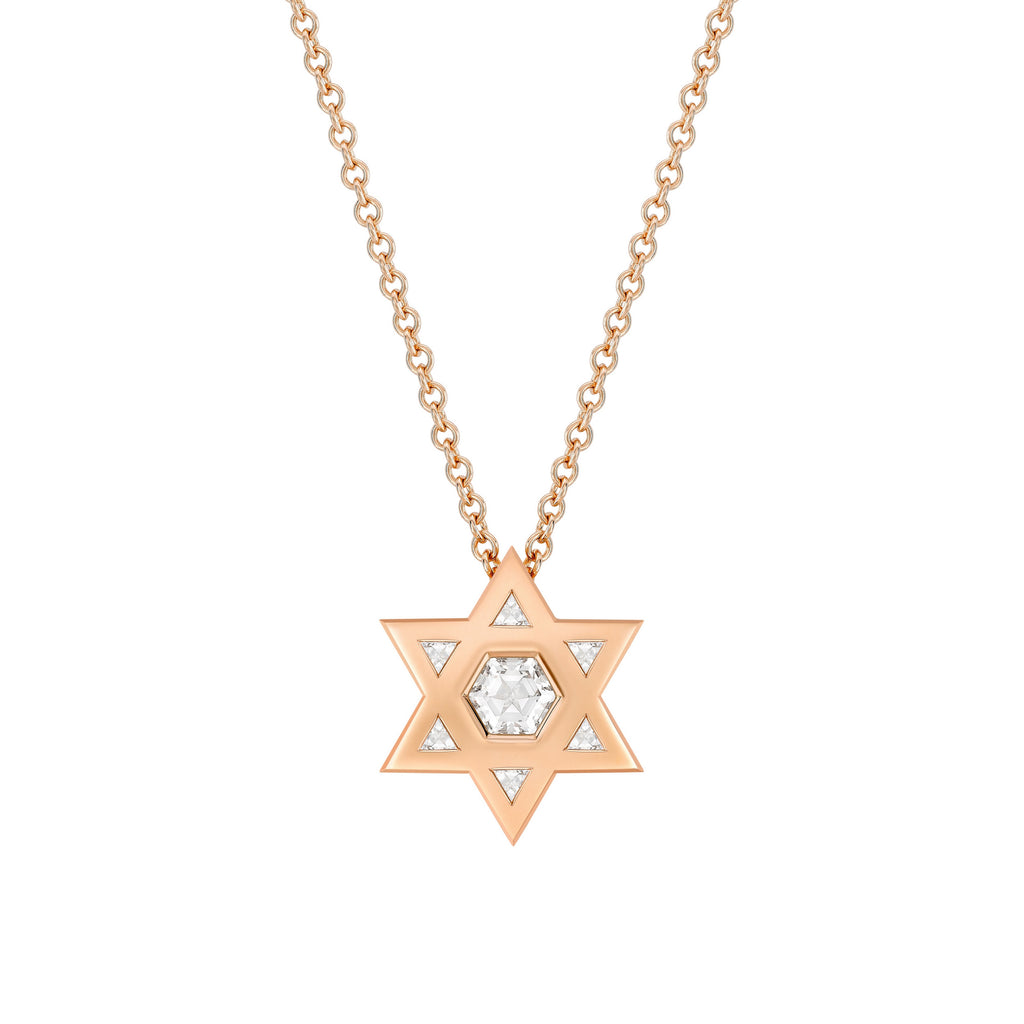 Magen David Pendant in 18 Karat Rose Gold with White Diamonds.          